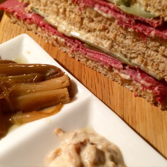 Saltbeef, dill pickle and  Confit  Shallot Mayo. 