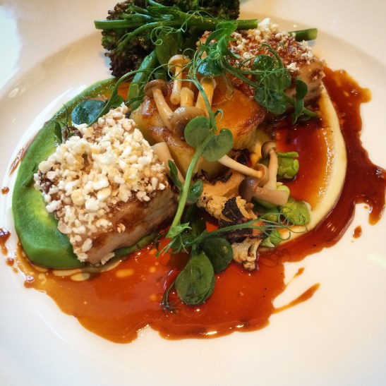 Roast Middle White Pork Belly, Crackling, Caramelised Cauliflower, Fondant Potato, Shimeji Mushrooms Roast Middle White Pork Belly, Crackling, Caramelised Cauliflower, Fondant Potato, Shimeji Mushrooms